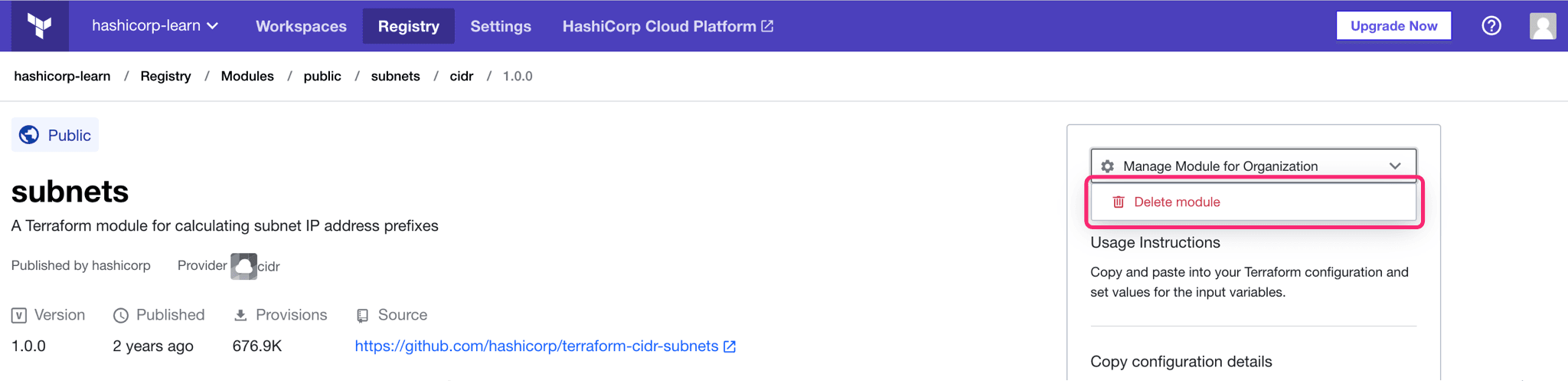 Terraform Cloud screenshot: the delete module button